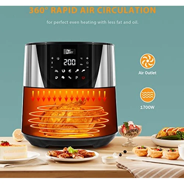 Heißluftfritteuse, Uten 7,5L Airfryer XXL Heissluftfriteuse mit Digitalem LED-Touchscreen, 10 Voreingestellte Menüs, 32 Rezepte, Vorheizen & Warmhalten, Antihaft-Korb, Ohne Fett, 1700W – Bild 5