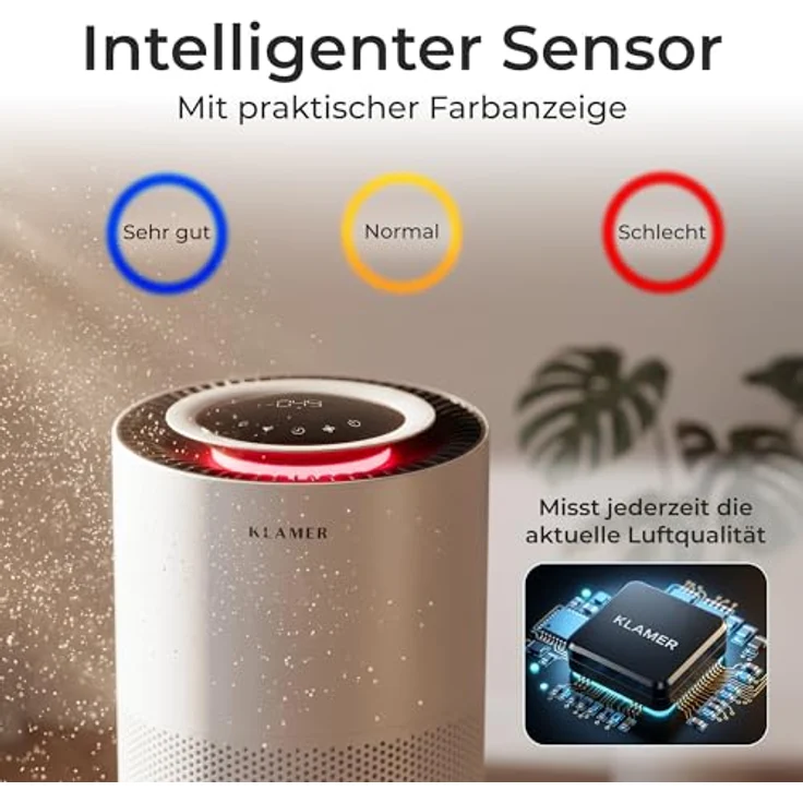 KLAMER Luftreiniger 600i, HEPA Filter mit 450 m³/h CADR, für Räume bis 55m², entfernt 99,9% Pollen, Staub, Viren und Allergene, 3 Modi inkl. Automatikmodus – Bild 5