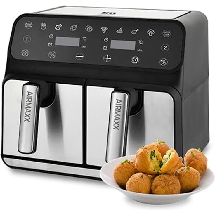 TM Electron TMPFR200 AIRMAXX Ölfreie Fritteuse mit Doppelfach, 8L Gesamtkapazität, SYNC- und MATCHCOOK-Funktionen, Touchscreen, 1700 W, Antihaftbeschichtung – Bild 1