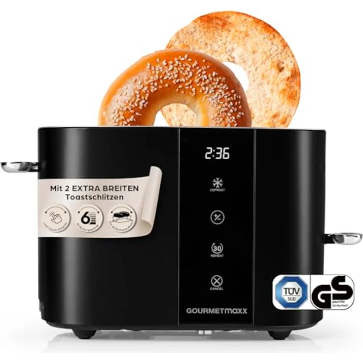 GOURMETmaxx Kurzschlitz-Toaster für 2 Scheiben, schwarzer Toaströster mit 6 Bräunungsgraden, Ready-2-eat-Countdown, Touchdisplay, Brötchenaufsatz & Aufwärmfunktion – Bild 1