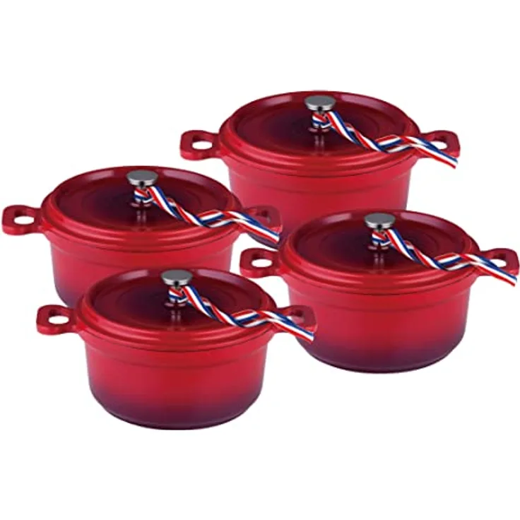 Kamberg – 0008192 – Set aus 4 Minischmortöpfen mit 12 cm Durchmesser, rund, rot geflammt – Aluminiumguss – Beschichtung in Steinoptik – Für alle Herdarten, auch Induktion – PFOA‑frei