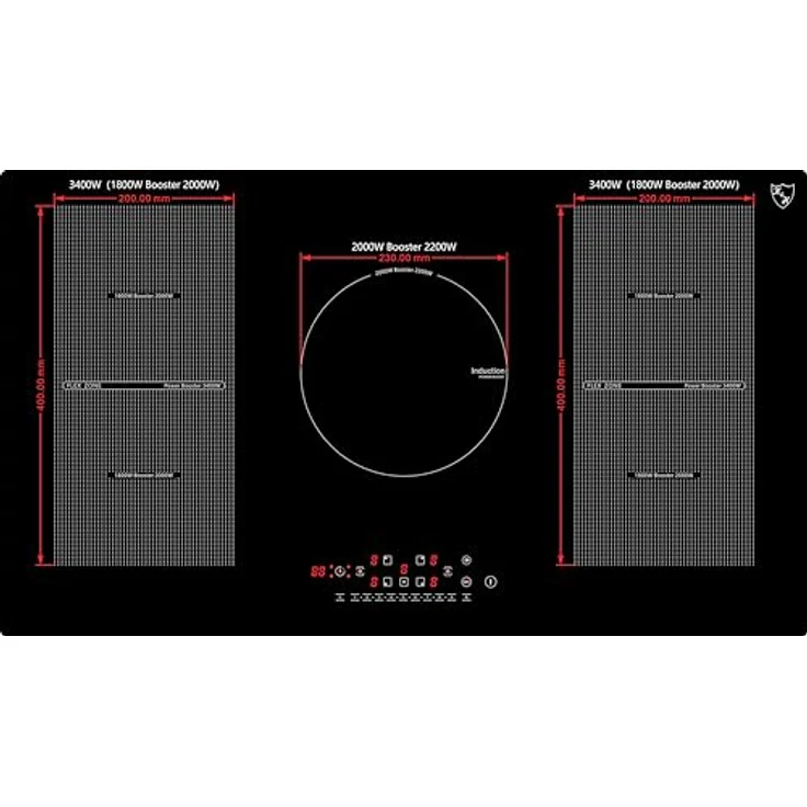 K&H 90-IN-9400FLX, Flex-Induktionskochfeld mit 5 Zonen, 90 cm, 9400 Watt, Touch-Control-Steuerung in 17 Leistungsstufen, schwarz – Bild 2