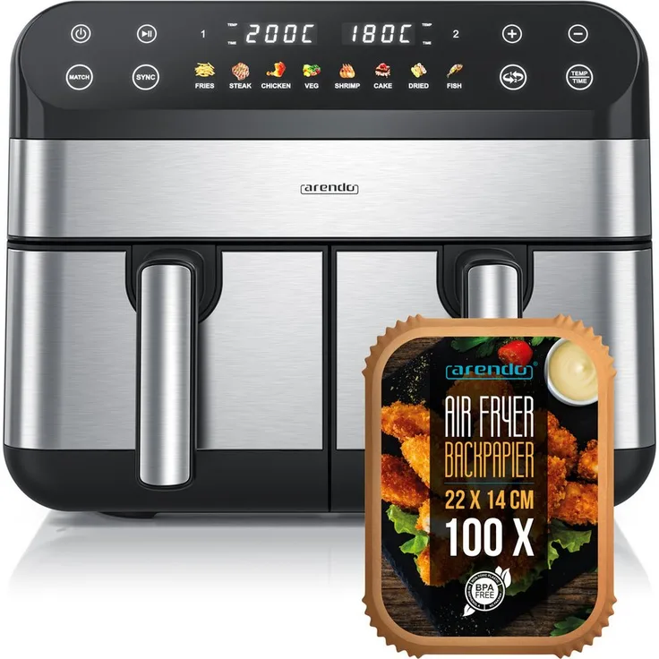 Arendo Heißluftfritteuse, 2400 W, Backofen, Dörrautomat, 3D Umluftsystem, fettarmes gesundes Kochen
