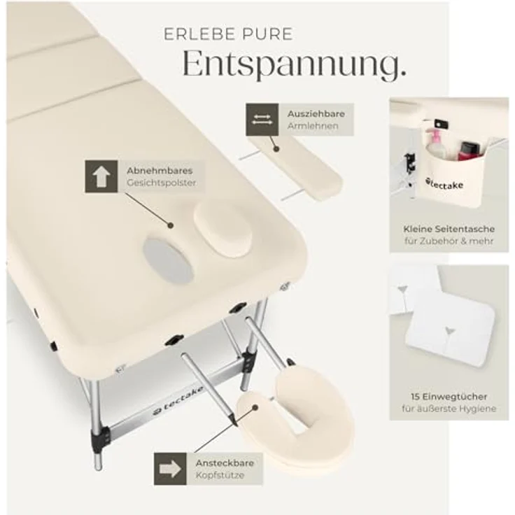 tectake Massageliege Phuket, 3-Zonen, höhenverstellbar, klappbar, Beige, Metall, 103x90x212 cm, inklusive 15 Einweg-Nasenschlitztüchern – Bild 3