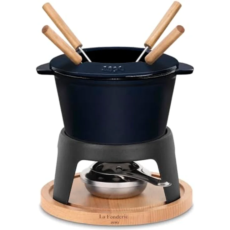 La Fonderie 1890 Fondue-Set Mont d'Arbois, Gusseisen für 4 Personen, 1,2 L, spritzfester Deckel, 4 Gabeln mit Buchenholzgriffen – Bild 1