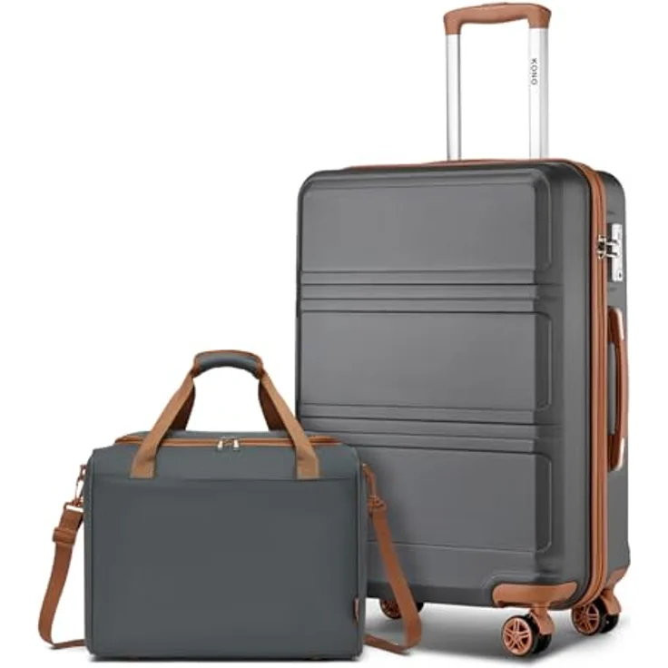 KONO Reisekoffer Set 2-teilig, Mittelgroß 65cm Trolley mit TSA Schloss und 4 Rollen, inklusive Ryanair Reisetasche 40x30x20cm, Grau/Braun – Bild 1