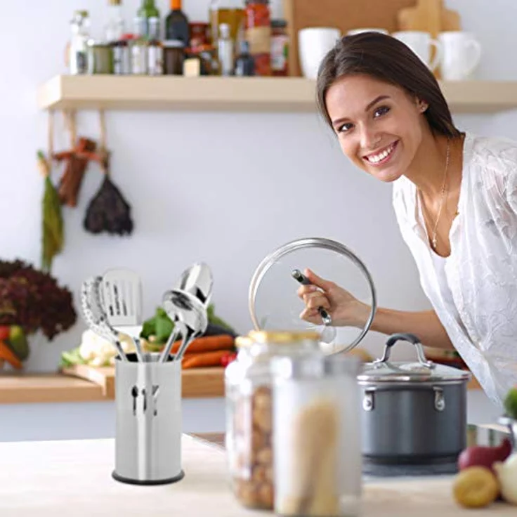 Relaxdays Küchenhelfer Set Edelstahl, 5 Teile, Besteckhalter, 4 Küchenutensilien, Kochzubehör, Kochgeschirr, silber – Bild 3