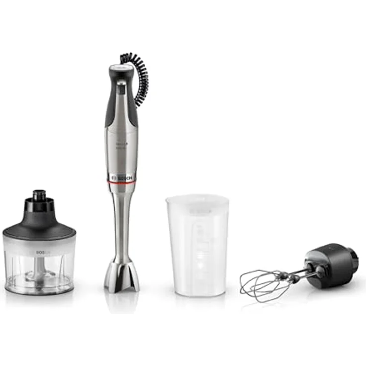 BOSCH Stabmixer ErgoMaster Serie 8, MSM8M934, 1500 W, 6 Klingen Edelstahl, inkl. Doppelschneebesen, Zerkleinerer und Mixbecher, Edelstahl, luftgekühlter Motor – Bild 2