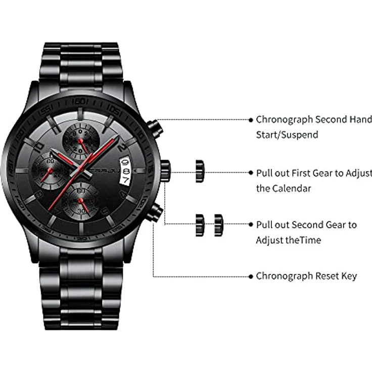 CRRJU Herren Chronograph Armbanduhr, wasserdichte Edelstahlarmbanduhr mit Kalender, analoges Japanisches Quarzwerk, Schwarz Rot – Bild 5