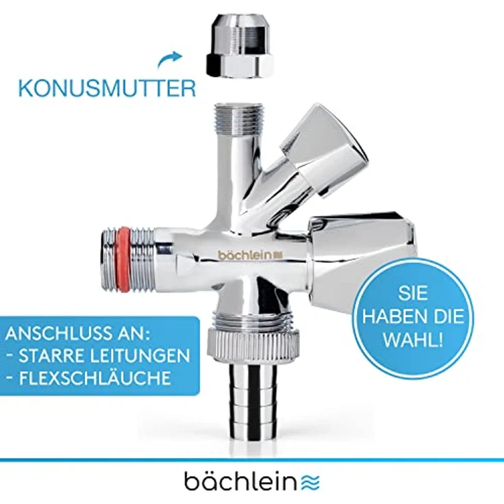 Bächlein Universal Messing, Kombi-Eckventil selbstdichtend, Kombinations-Eckventil für Kalt- und Warmwasserleitungen mit vielfältigen Anschlussmöglichkeiten, Eckventil – Bild 4