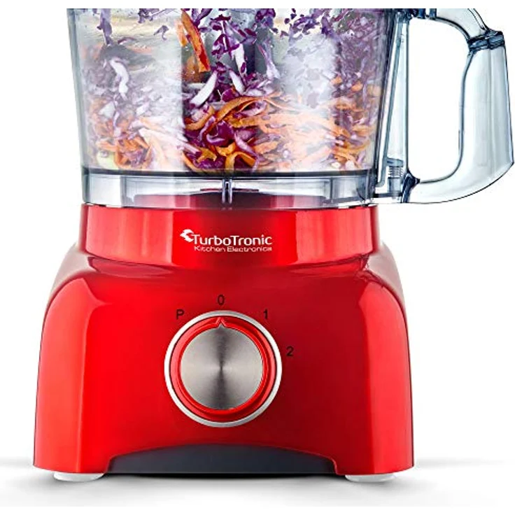 TurboTronic FP800 Küchenmaschine, 800 W mit 1,2 L BPA-freiem Behälter, Zerkleinerer, Zitruspresse, Mixer, multifunktional, schwarz-rot, 13-teiliges Zubehörset – Bild 9