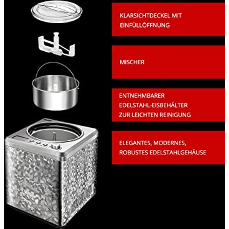 Unold 48970 Eismaschine profi inkl. Eisbuch mit 101 Rezepten | Speiseeisbereiter 2 L, selbstkühlender Kompressor, LCD-Display, Gefrierbereich bis ca. -35 °C, 180 Watt – Bild 4