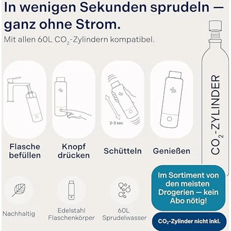 bottleplus 100% Plastikfreier Wassersprudler To Go, Spark Set für bis zu 6L Sprudelwasser, inkl. 600ml Aluminiumflasche, CO2-Zylinder nicht inkl. – Bild 5