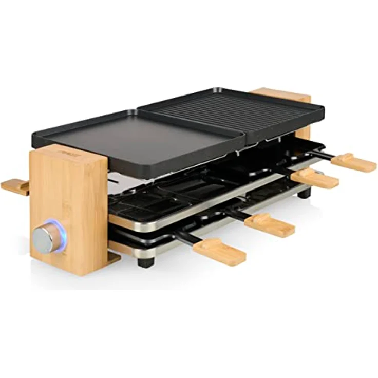 Princess Raclette Pure 8 – Personen 2 wendbare Grillplatten Kochfläche x 21 cm x 23 Parkdeck Thermostat verstellbar natürliches Bambusgehäuse inkl. Pfännchen 1300 W, 01.162918.01.001, Schwarz, Bambus – Bild 1