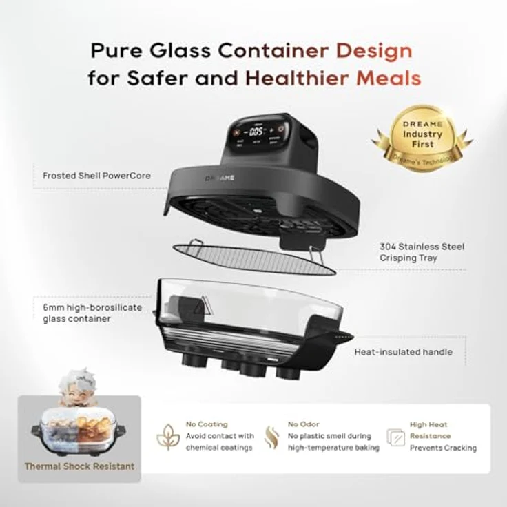 DREAME Tasti™ Mobile Glas Heißluftfritteuse, Zwei-Behälter-Konfiguration (2.5 L + 4.5 L), 1500 Watt, Grau – Bild 3