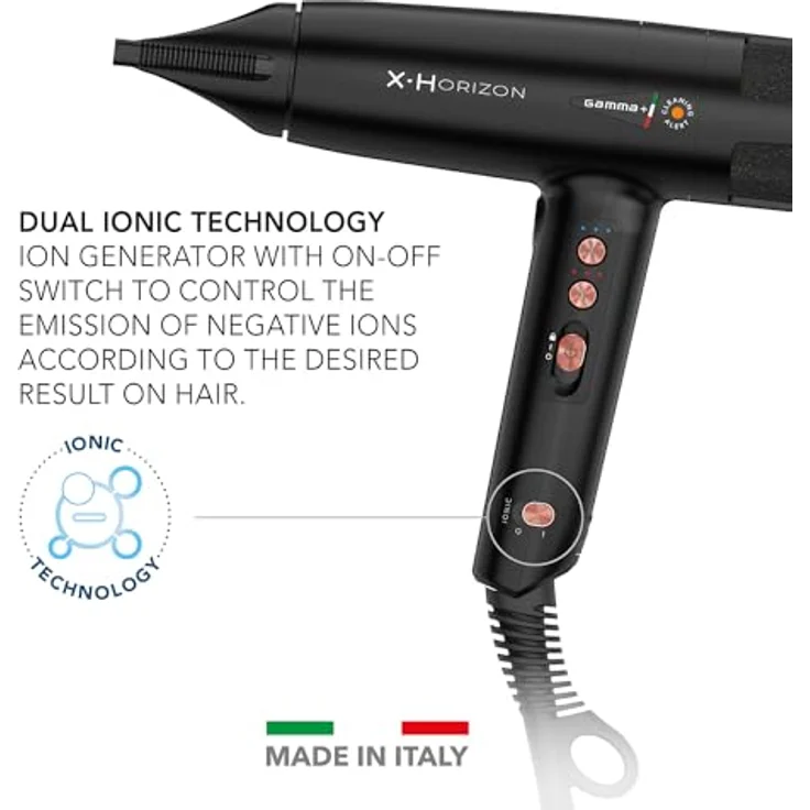 GAMMA+ X-Horizon Ionic Haartrockner, 290 g Ultraleichter Haartrockner Leise, Dual Ionic Technology, Made in Italy (Schwarz, SCHUKO-Stecker) – Bild 2