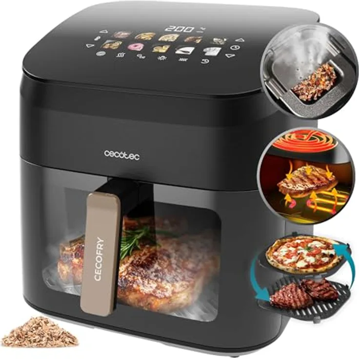 Cecotec Cecofry&Grill Smokin' 8500, Heißluftfritteuse mit 8,5L, 2200W, Temperaturregelung 40-200°C, integrierter Smoker und Grillplatte