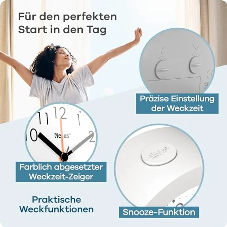 Mebus 25629, analoger Quarz-Wecker mit Lichtsensor, Weckwiederholung und gut ablesbarem Zifferblatt, lautlos, runde Form, 10 cm Durchmesser, Farbe: Weiß – Bild 3