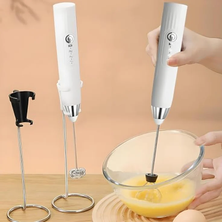 EBUYFIRE Elektrischer Milchaufschäumer Stab, USB-wiederaufladbar, 3 Geschwindigkeiten, 2 Schneebesen, Edelstahl-Ständer für Latte, Kaffee, Matcha und Cappuccino – Bild 2