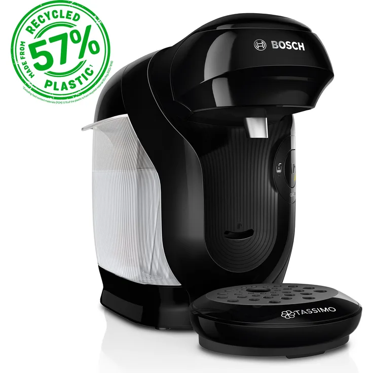 TASSIMO TAS112E Kapselmaschine in Recycled Black, 1400 W Leistung