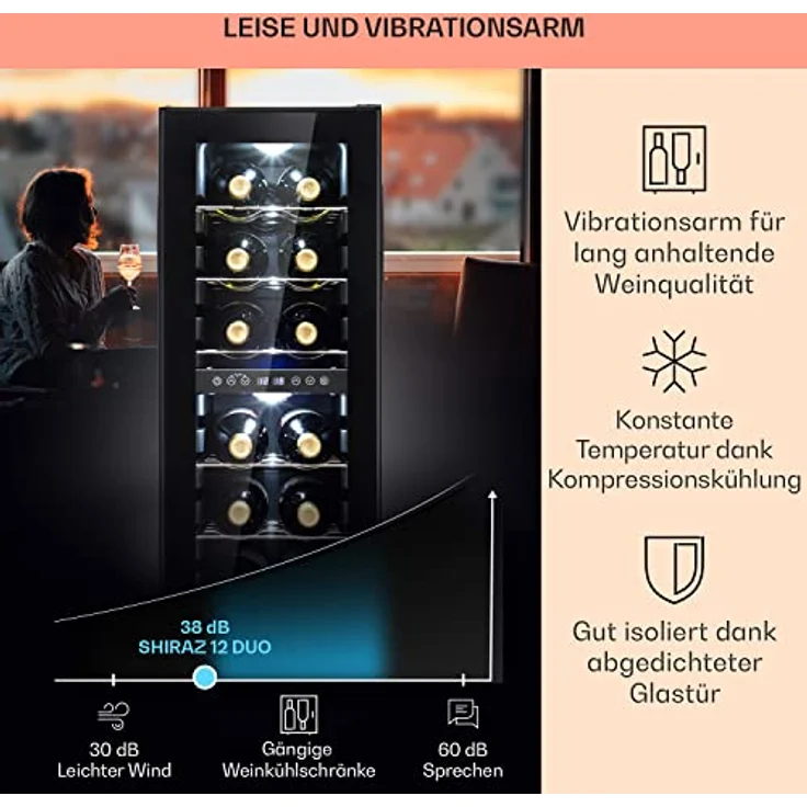Klarstein Weinkühlschrank Freistehend, 2 Zonen mit Glastür, UV-Schutz, 5-18°C, 12 Flaschen – Bild 4