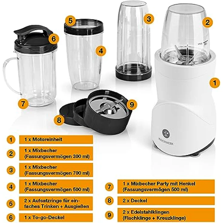 KOCHWERK Smoothie Maker 12-tlg | To-Go Deckel & 4 Mixbehälter | Weiß | Für Obst, Gemüse & Nüsse | Mit Ice-Crush Funktion – Bild 3