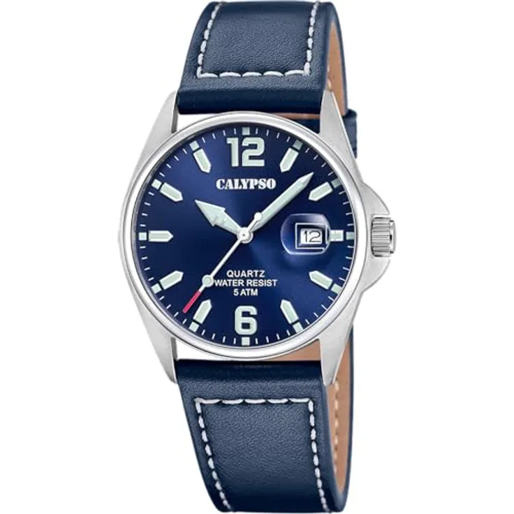 CALYPSO WATCHES Quarzuhr Basic K5870/3, Herrenuhr mit analoger Anzeige, blaues Zifferblatt, Edelstahlgehäuse, dunkelblaues Lederarmband, wasserdicht bis 5 bar, Datumsfunktion