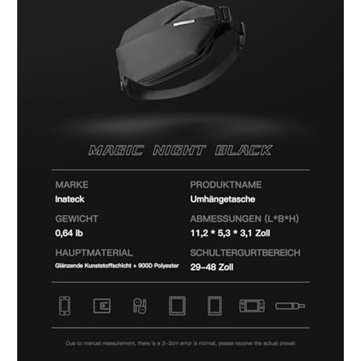 Inateck Kompakt Bauchtasche 4L, Wasserdicht Umhängetasche in Schwarz, Großes Fassungsvermögen und mehrschichtige Struktur – Bild 2