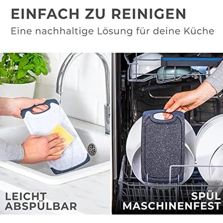Exitoso Das Original Frühstücksbrettchen 6er Set Schneidebrett, Antibakteriell grau schwarz Kunststoff 25x15cm mit Saftrille, Spülmaschinenfest, rutschfest - Klein – Bild 4