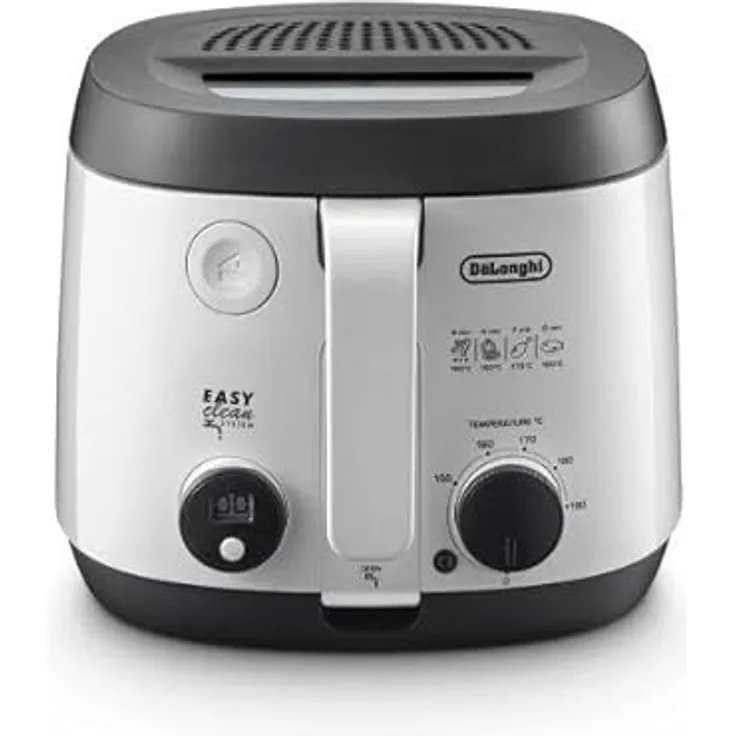 De'Longhi FS3053 WS Fritteuse, 1700W, mit Öl, 2L, Kontrollleuchte, Abschaltautomatik, wärmeisoliertes Gehäuse, Anti-Rutsch-Füße, Timer, grau