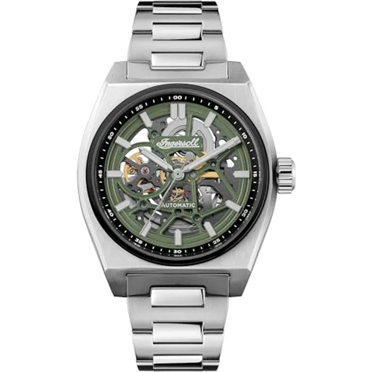 Ingersoll The Vert, Automatikuhr Herren 43mm mit grünem Zifferblatt und silberfarbenem Edelstahlarmband, skelettiertes Uhrwerk, wasserdicht bis 50m