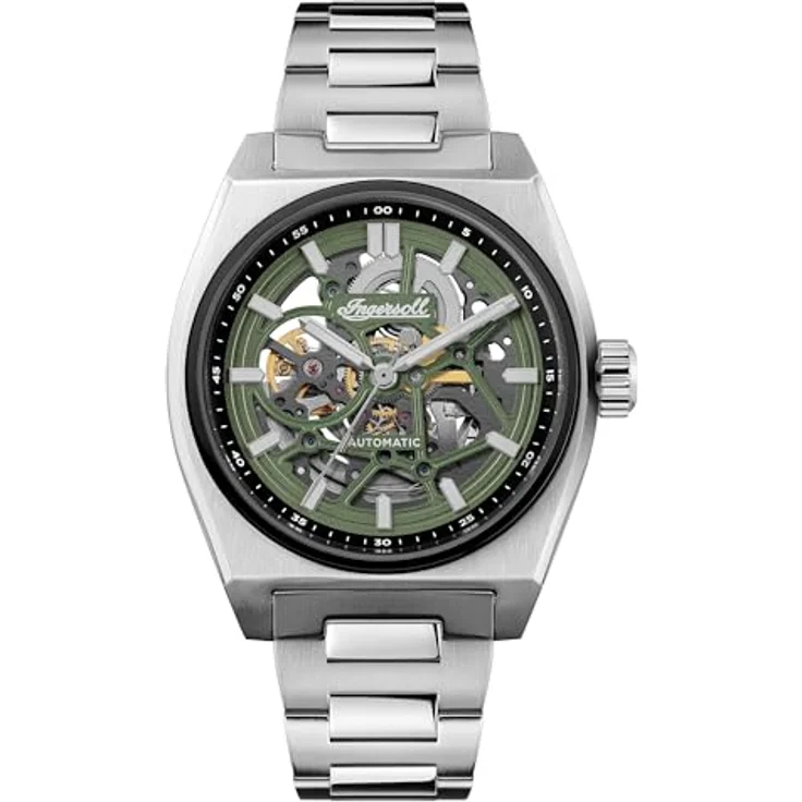 Ingersoll The Vert, Automatikuhr Herren 43mm mit grünem Zifferblatt und silberfarbenem Edelstahlarmband, skelettiertes Uhrwerk, wasserdicht bis 50m – Bild 1