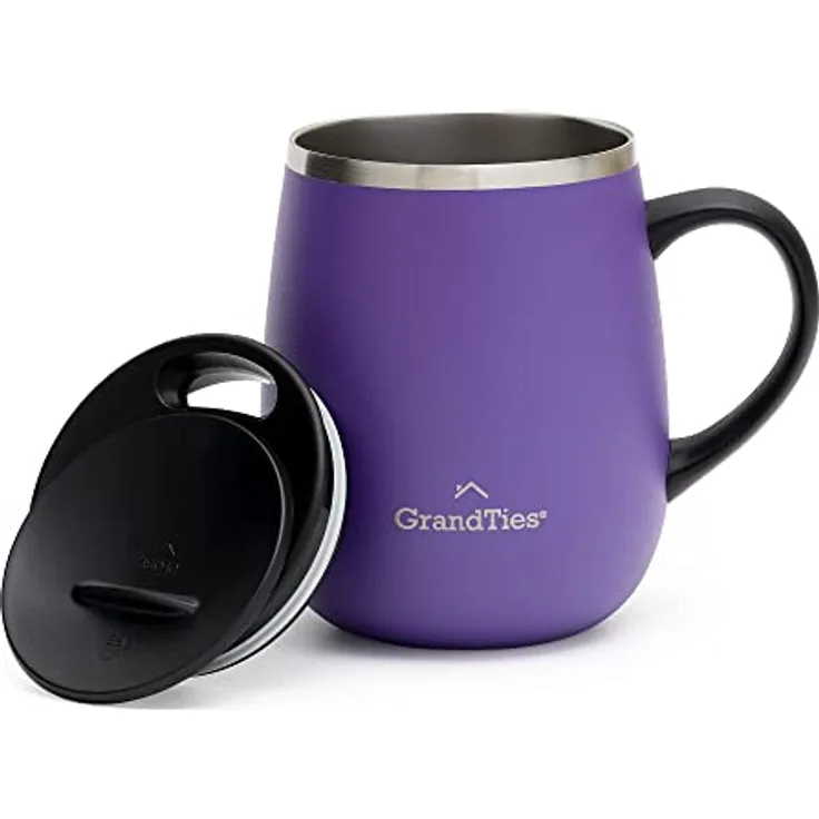 GRANDTIES Isolierter Kaffeebecher mit Griff – Schiebedeckel für spritzwassergeschützte 473 ml -Form Thermosbecher mit doppelwandigem Vakuum-Edelstahl, hält Getränke heiß & kalt – Sparkling Grape