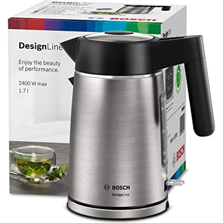 Bosch TWK5P480 DesignLine kabelloser Wasserkocher, Ausgießen ohne Spritzer, Tassenanzeige, extra große Wasserstandsanzeige, Überhitzungsschutz, 1,7 L, 2400 W, Edelstahl – Bild 2