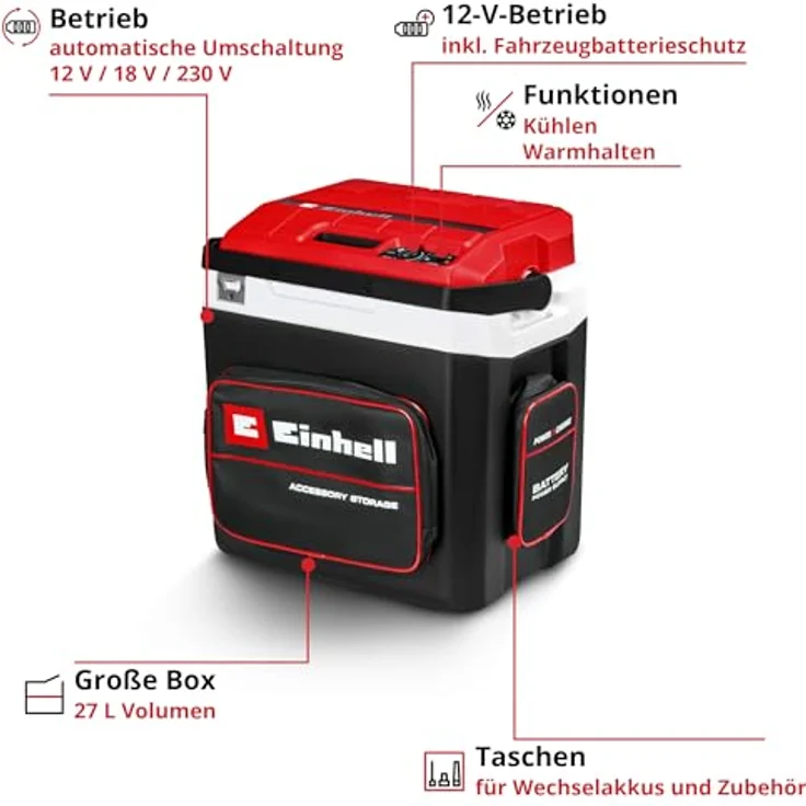 Einhell Akku-Kühlbox TE-COL 18/27 Li-Solo, 27 Liter, Hybridbetrieb 12 V/230 V, Kühlen bis -20 °C, Warmhalten bis 60 °C, inkl. Taschen, ohne Akku – Bild 3