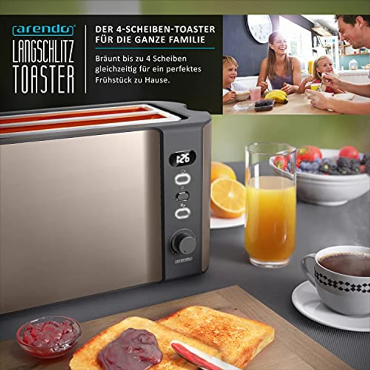 Arendo 4-Schlitz-Toaster, Langschlitz, Defrost Funktion, wärmeisolierendes Gehäuse, braun – Bild 6