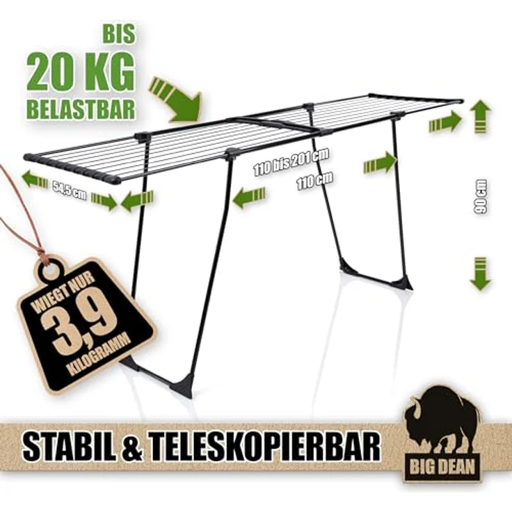 BigDean XXL Wäscheständer ausziehbar, 20m Trockenfläche, robust mit Klemmen für kleine Wäschestücke, schwarz – Bild 4