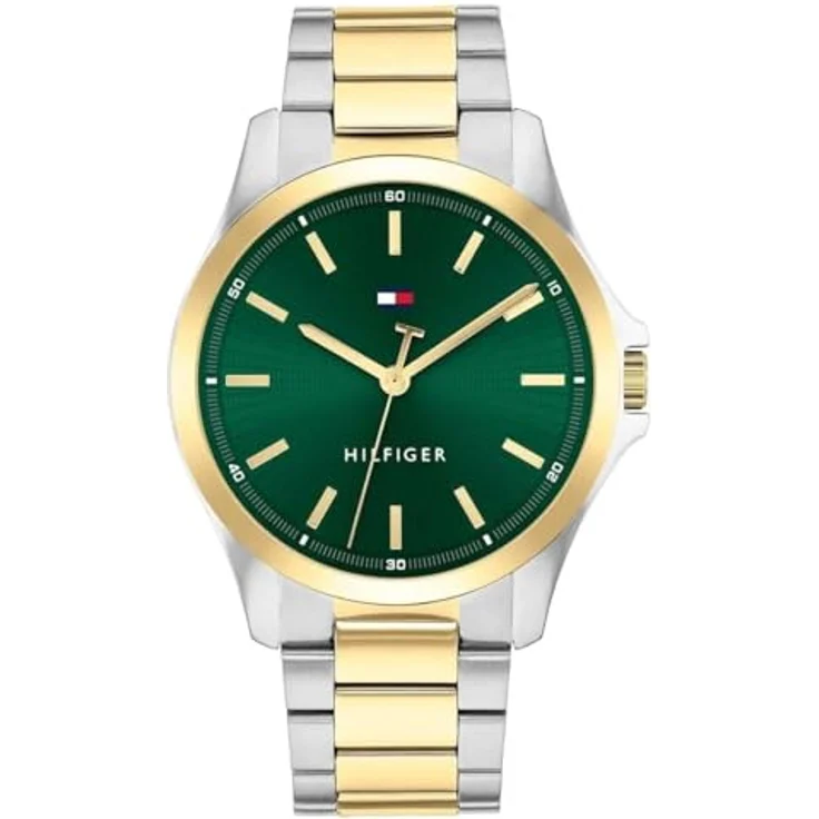 Tommy Hilfiger Quarzuhr BRUCE 1792192, Herrenuhr mit analoger Anzeige, Edelstahlarmband in Silber-Gold und grünem Zifferblatt – Bild 1