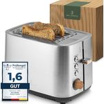 WALDWERK Design Toaster aus 304 Edelstahl und Eichenholz, für 2 Scheiben mit Brötchenaufsatz, extra breite und tiefe Toastkammern, mit Krümelschublade
