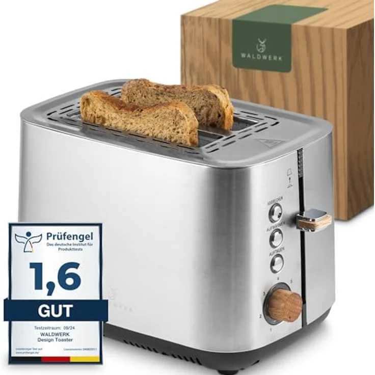 WALDWERK Design Toaster aus 304 Edelstahl und Eichenholz, für 2 Scheiben mit Brötchenaufsatz, extra breite und tiefe Toastkammern, mit Krümelschublade – Bild 1