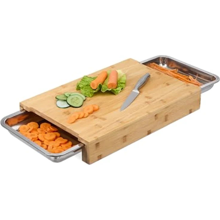Relaxdays Schneidebrett mit 2 Auffangschalen, erhöhtes Küchenbrett aus Bambus und Edelstahl, Natur/Silber, 8x45x30 cm – Bild 1