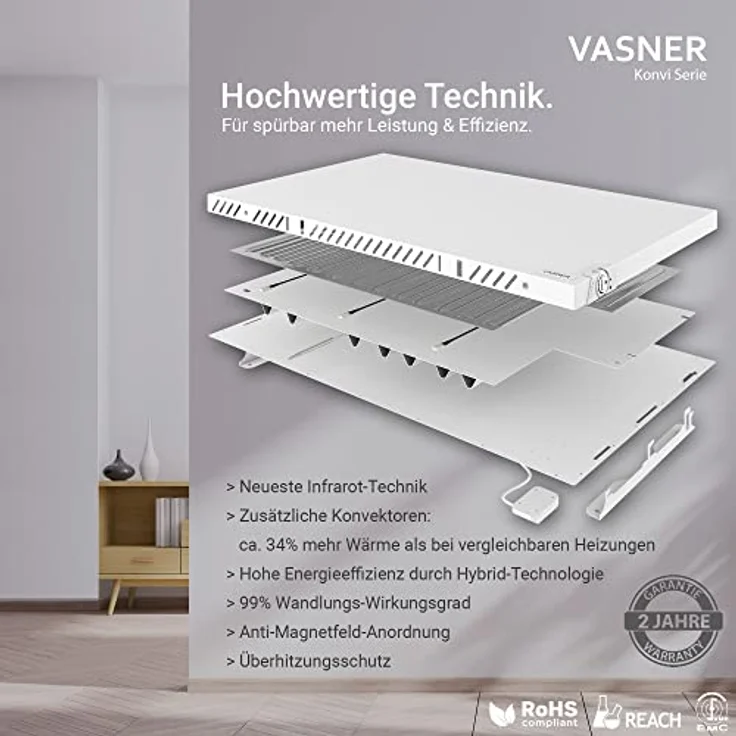 Vasner Konvi Serie Hybridheizung Infrarotheizung Konvektionsheizung 900 Watt, Infrarotheizung – Bild 3