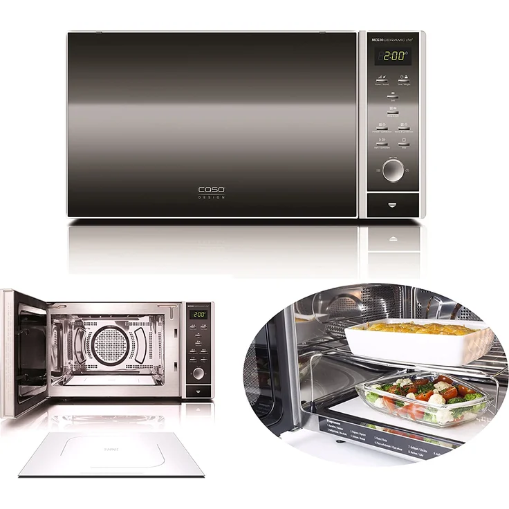 Caso MCG30 Ceramic Chef 3in1 Design Mikrowelle mit Grill und Heißluft, Standgerät, 900 Watt, ca. 30 Liter Garraum, größere Nutzfläche durch flachen Keramikboden, Garen auf zwei Ebenen, silber – Bild 2
