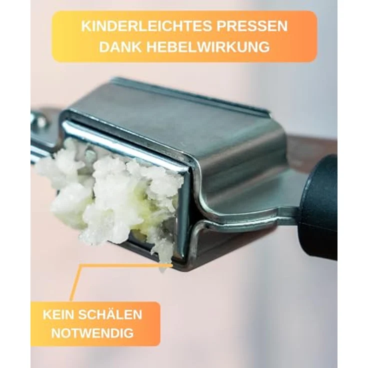 Thiru Premium Knoblauchpresse - 2 Edelstahl Einsätze für feines & grobes Knoblauchhack - Ideal für Ingwer, Zwiebeln & Kapern - Kein Schälen notwendig - inkl. E-Book mit 25 Rezepten - Made in Germany – Bild 3