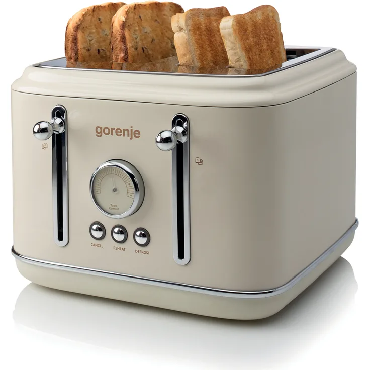 GORENJE Toaster T2300CLIN, 4-Scheiben Retro Toaster in Champagne mit 2300 Watt, sieben Bräunungsstufen und herausnehmbarer Krümelschublade