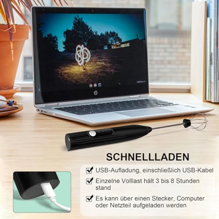 EBUYFIRE Elektrischer Milchaufschäumer mit 3 Köpfen, USB wiederaufladbar, 3 einstellbare Geschwindigkeiten, edelstahl Mini Schneebesen für Matcha Latte und Cappuccino – Bild 5