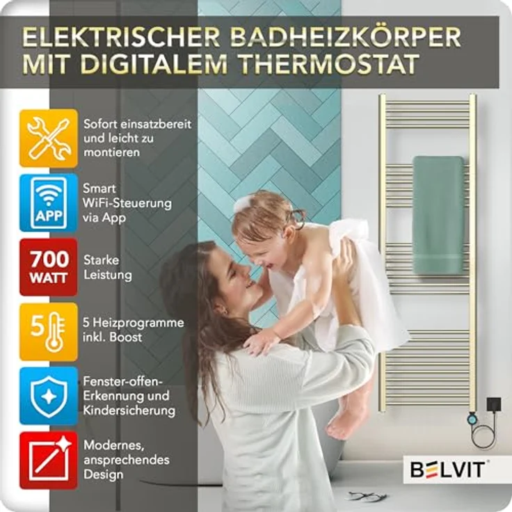 Belvit Elektrischer Badheizkörper 1600x500 mm, Gold Gebürstet, 700 W mit WiFi Thermostat und Smart Heizmodi – Bild 4