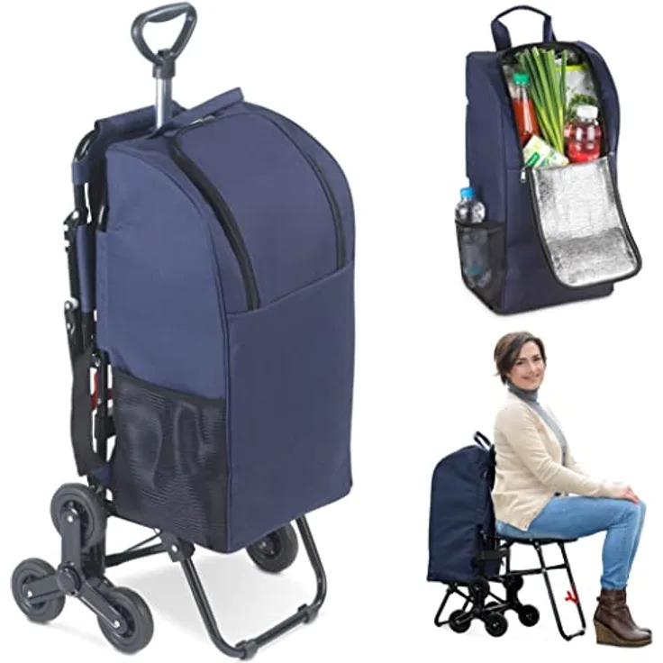 Maximex Einkaufstrolley mit Sitz - mit rückenschonendem Teleskopgriff Fassungsvermögen: 35 l, Aluminium, 39 x 103 x 58 cm, Silber matt
