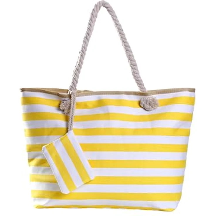 DonDon Strandtasche XXL mit Reißverschluss, gestreifte Shopper Tasche in gelb und weiß, praktische Badetasche für Strand und Meer mit separater Innentasche – Bild 1