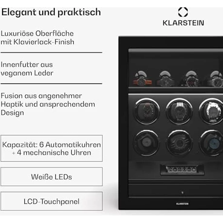 Klarstein SecureTouch Uhrenbeweger, 6+4 Uhren, Mabuchi Motor, Klavierlack, 41 Modi, Fingerabdruckschloss, mit LEDs – Bild 2
